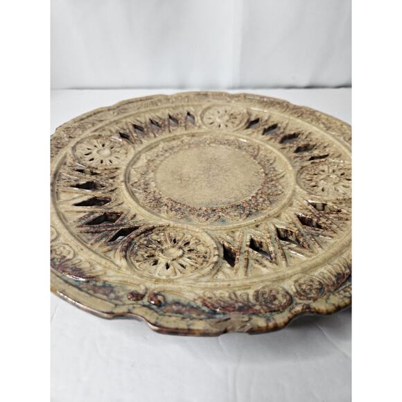 Art Pottery Glazed Vintage Ornate Plate 11.5 3729 Brown Tan - Picture 3 of 11